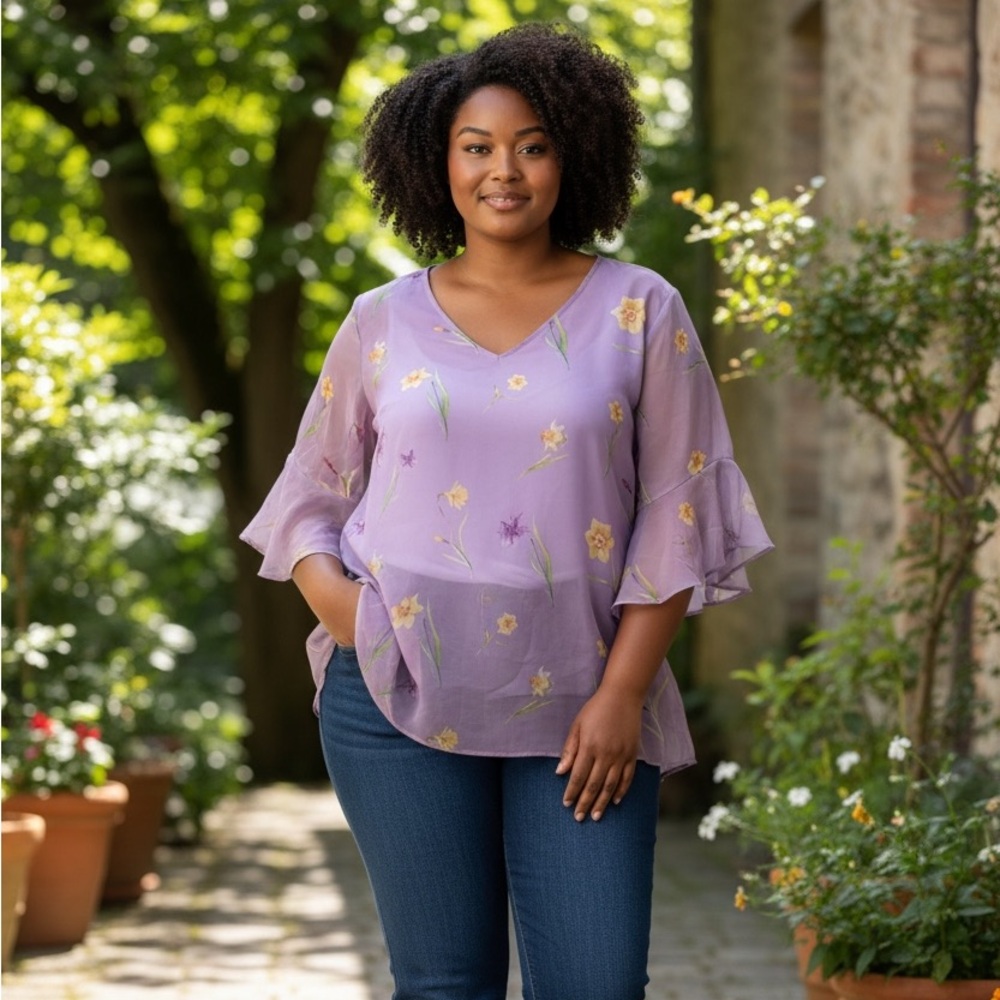 BloomChic Purple and Yellow Bell Sleeve Tunic, chiffon material , lined, 22-24W